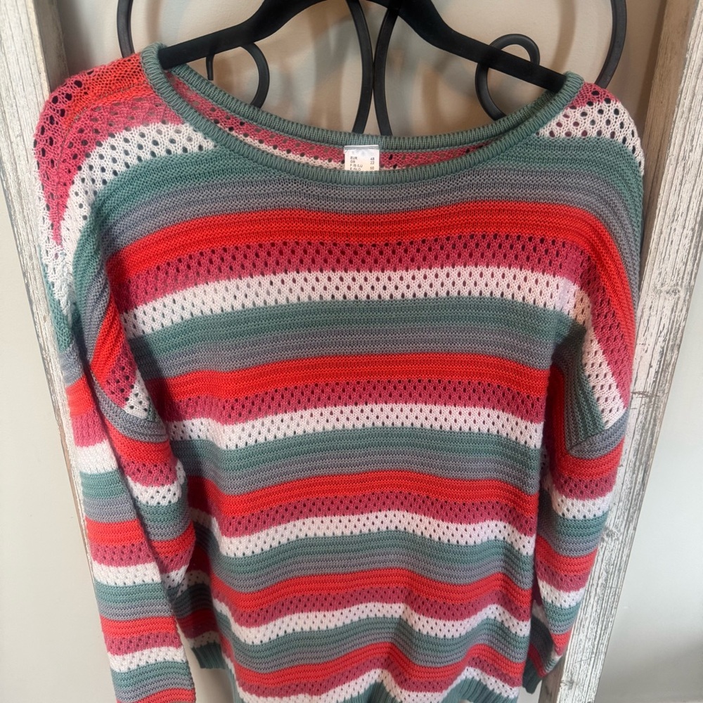 Colorful Striped Open Knit Sweater Women’s Size 16‎ Red Green White Retro